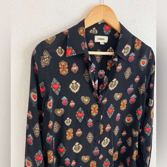 L'AGENCE top / black sacred heart print long sleeve blouse / size S - Picture 2 of 5